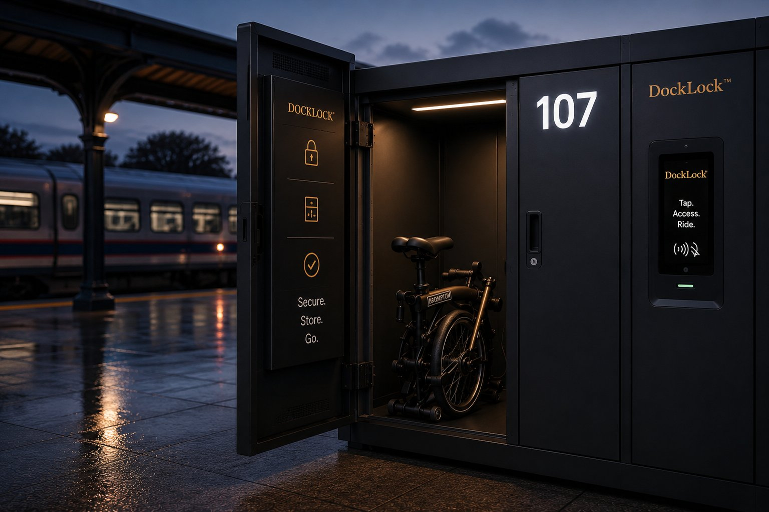 Folding e-bike secured inside a DockLock locker at Greenwich Station
