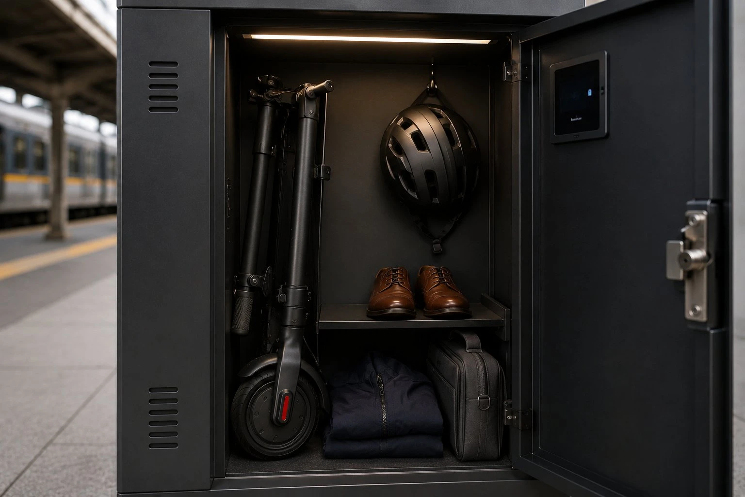 Inside a DockLock locker — personal electric device, helmet, shoes, and gear